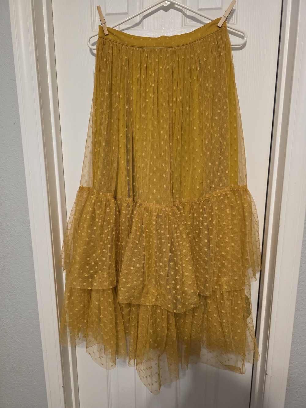 Mustard Yellow Dot-Overlay Tiered Maxi Skirt